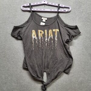 Ariat Women Shirt XL Gray Sequin Logo Tie Crew Neck Pullover Cold Shoulder